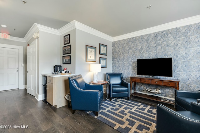 living room with dark wood-type flooring and ornamental molding