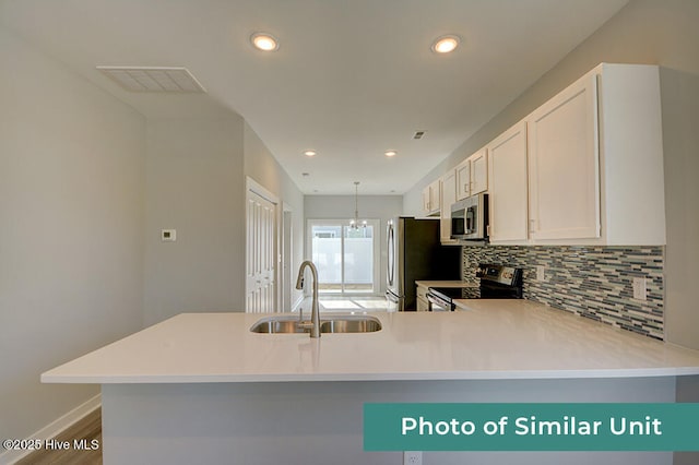 kitchen with sink, backsplash, appliances with stainless steel finishes, kitchen peninsula, and white cabinets