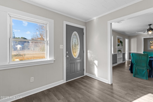 entrance foyer featuring dark hardwood / wood-style flooring, ornamental molding, and ceiling fan