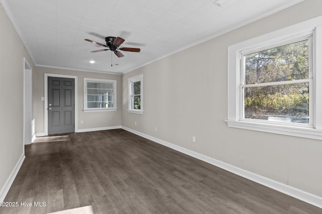 interior space featuring dark hardwood / wood-style flooring, ornamental molding, and ceiling fan