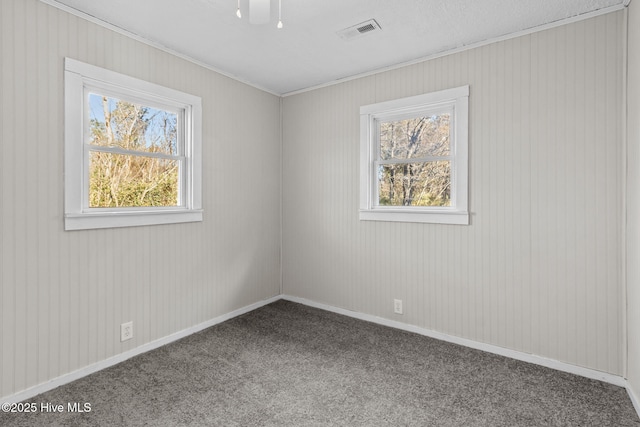 carpeted empty room featuring a wealth of natural light and crown molding