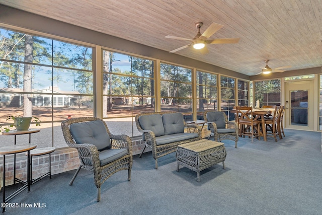 sunroom / solarium featuring ceiling fan and wood ceiling