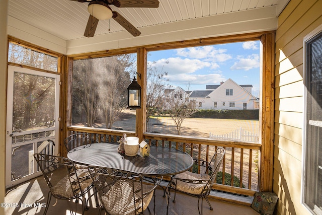 sunroom featuring ceiling fan and beam ceiling