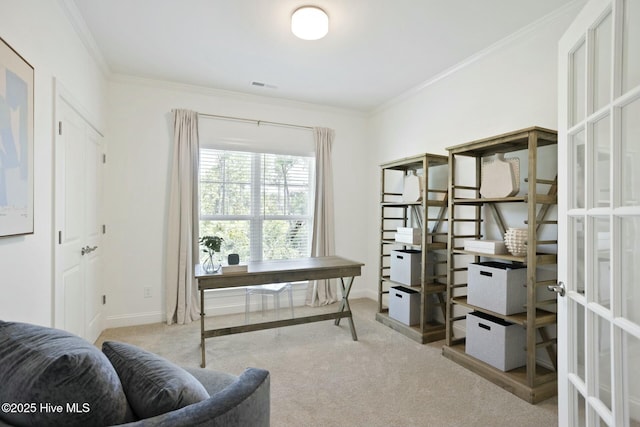 office space featuring ornamental molding, light colored carpet, and french doors