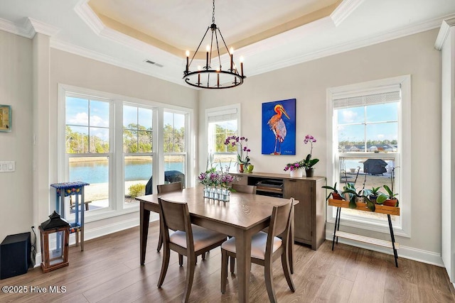 dining space featuring dark hardwood / wood-style floors, a water view, a raised ceiling, and a notable chandelier