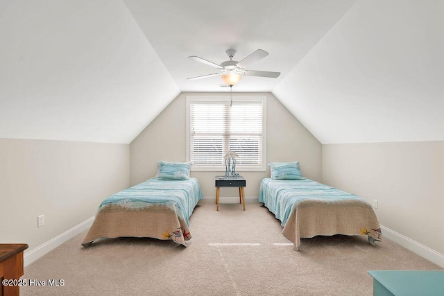 carpeted bedroom featuring ceiling fan and lofted ceiling