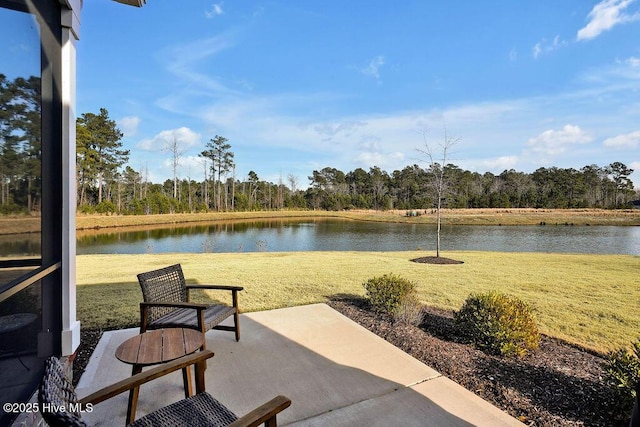 view of patio / terrace with a water view