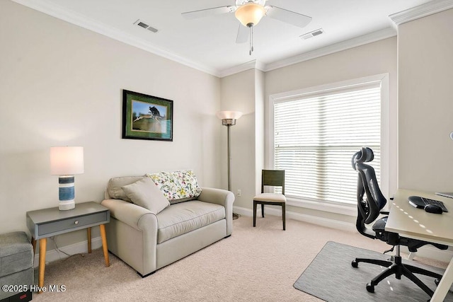 carpeted office featuring ceiling fan and crown molding