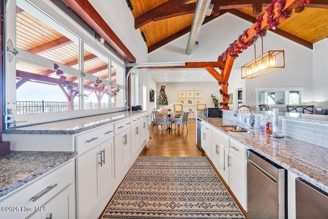 kitchen featuring white cabinets, wood ceiling, sink, and vaulted ceiling with beams