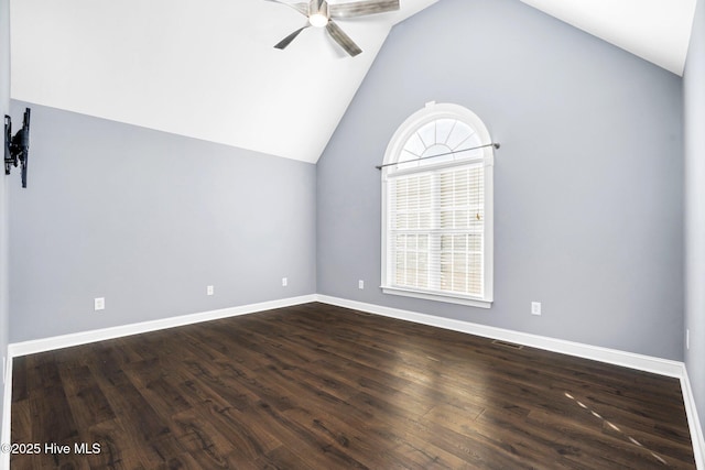 spare room featuring lofted ceiling, ceiling fan, and dark hardwood / wood-style floors