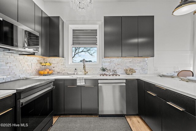 kitchen with decorative backsplash, stainless steel dishwasher, sink, and electric range oven