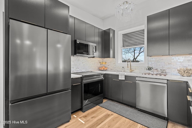 kitchen with stainless steel appliances, tasteful backsplash, sink, and light hardwood / wood-style floors