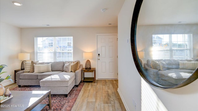 living area featuring baseboards and wood finished floors