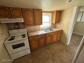 kitchen with white range with electric cooktop and sink