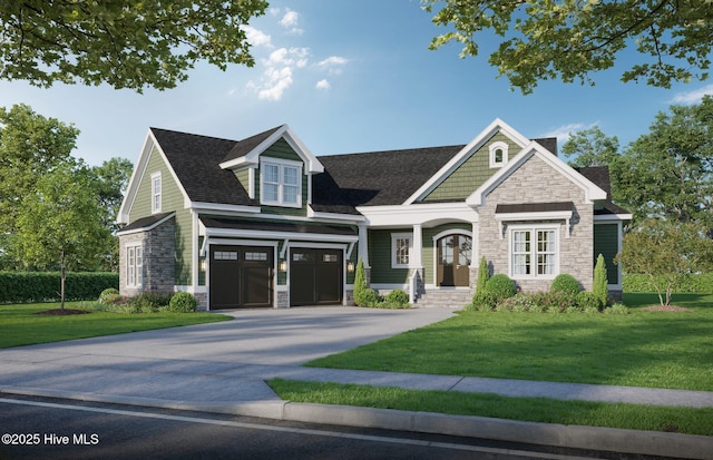 craftsman house with stone siding, driveway, an attached garage, and a front lawn