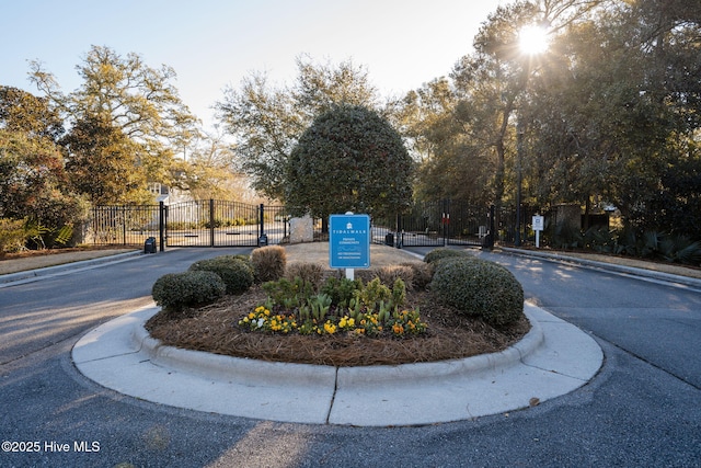 view of street featuring curbs, a gated entry, and a gate