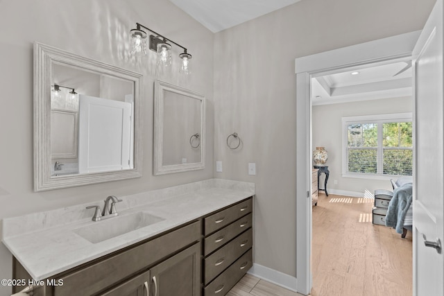 bathroom with a tray ceiling, wood finished floors, vanity, and baseboards