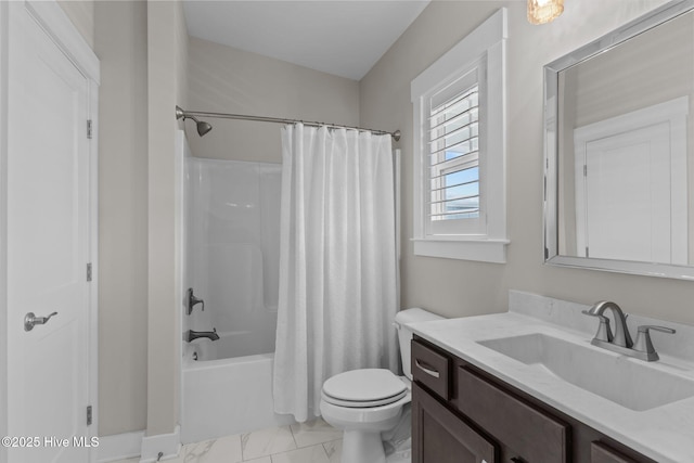 full bath with marble finish floor, shower / tub combo, vanity, and toilet