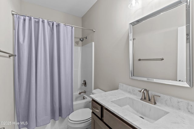 bathroom featuring shower / bathtub combination with curtain, toilet, and vanity