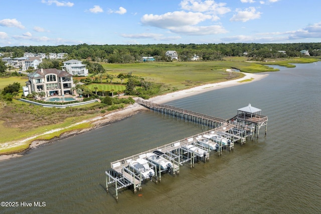 drone / aerial view with a water view