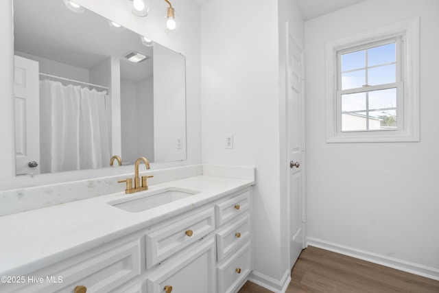 bathroom with hardwood / wood-style floors and vanity