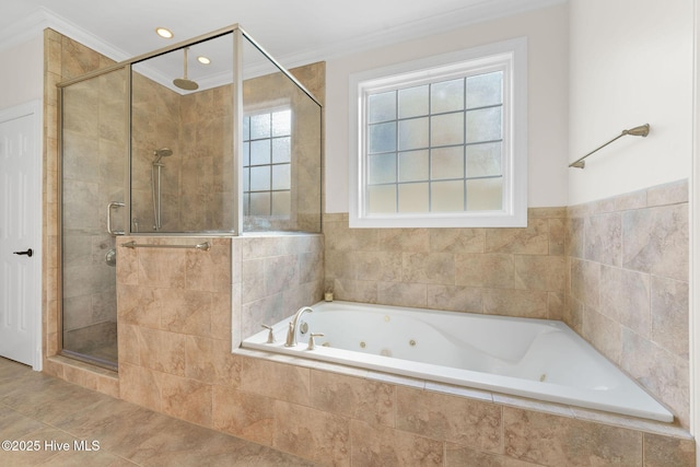 bathroom with tile patterned flooring, ornamental molding, and shower with separate bathtub