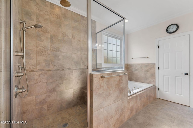 bathroom featuring tile patterned floors, crown molding, and independent shower and bath