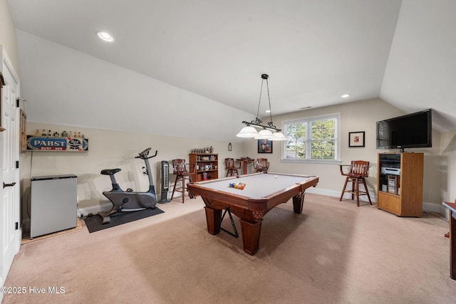 recreation room with vaulted ceiling, light colored carpet, and pool table