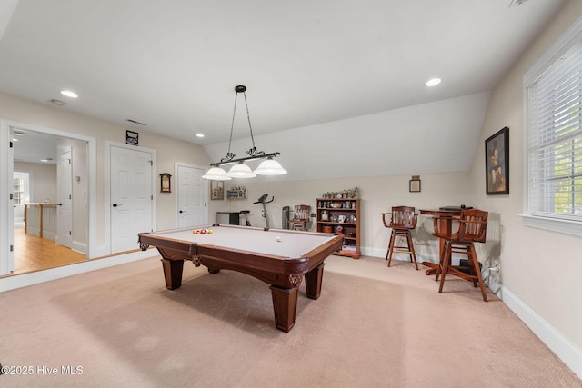 playroom featuring light carpet, vaulted ceiling, and pool table