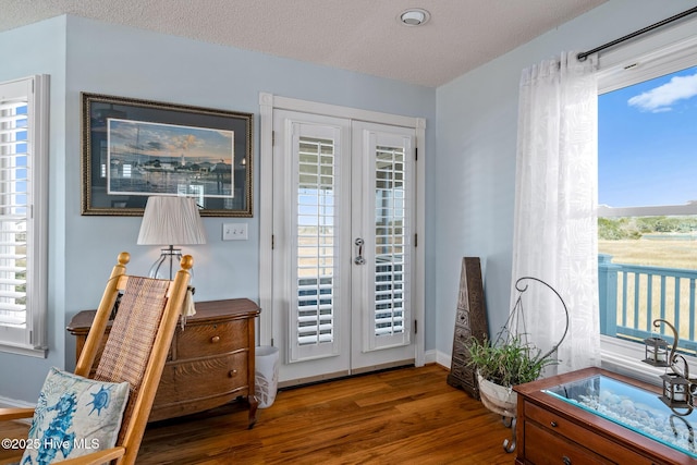 doorway to outside with french doors, dark hardwood / wood-style floors, sink, and a textured ceiling