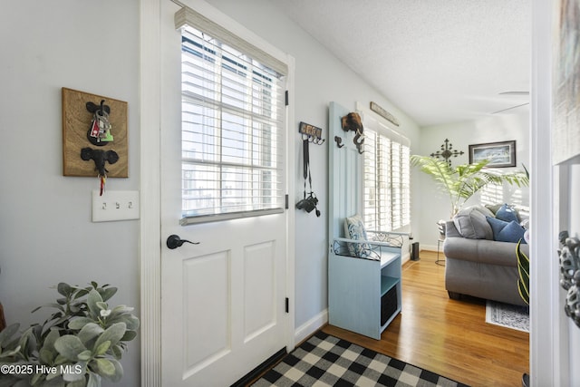 doorway to outside with wood-type flooring and a textured ceiling