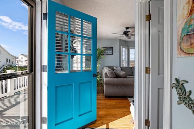 doorway featuring ceiling fan, a textured ceiling, light hardwood / wood-style flooring, and a wealth of natural light