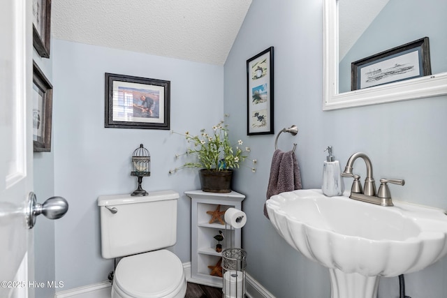 bathroom with toilet, vaulted ceiling, sink, and a textured ceiling