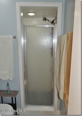 bathroom featuring a shower with shower door