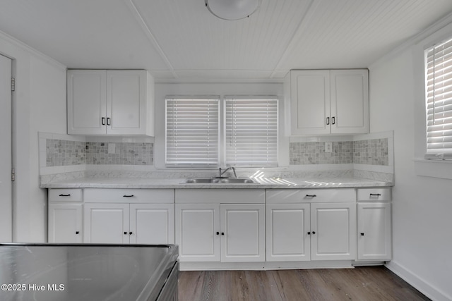 kitchen with white cabinetry, backsplash, light stone counters, and sink