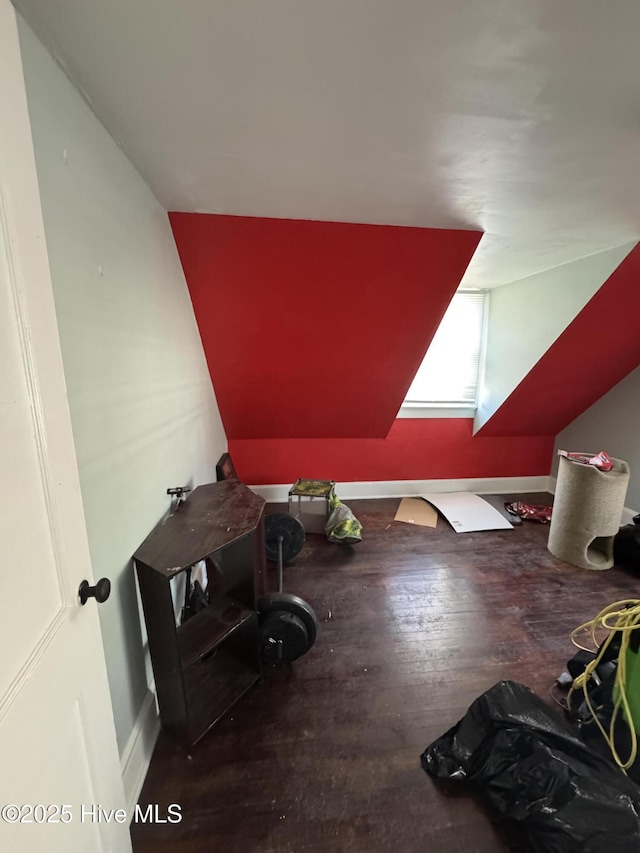 additional living space featuring hardwood / wood-style flooring and vaulted ceiling with skylight