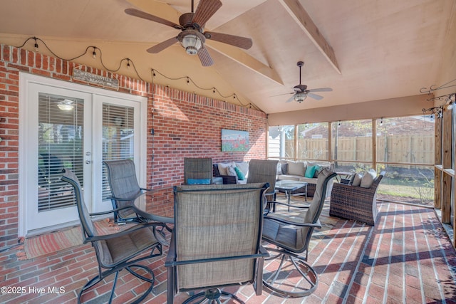 view of patio / terrace with an outdoor hangout area, ceiling fan, and french doors