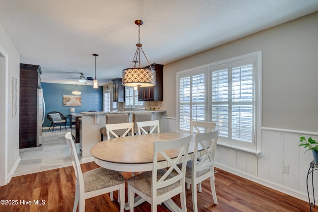 dining room featuring ceiling fan, light hardwood / wood-style flooring, sink, and a textured ceiling