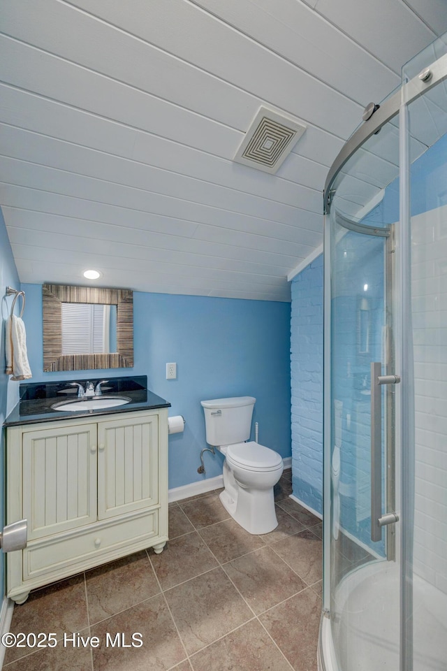 bathroom with walk in shower, lofted ceiling, vanity, and toilet