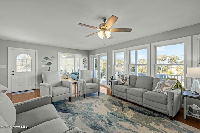 living room featuring ceiling fan and dark wood-type flooring