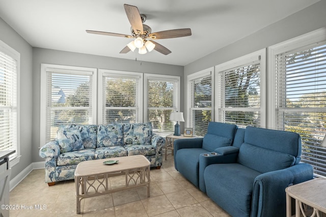 sunroom featuring ceiling fan