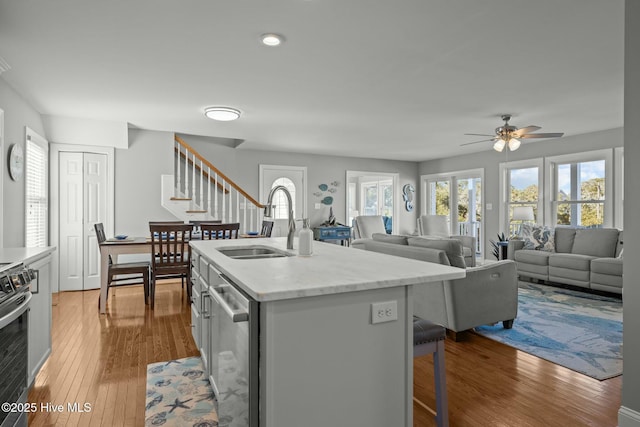 kitchen featuring ceiling fan, sink, light hardwood / wood-style flooring, a kitchen island with sink, and stainless steel appliances