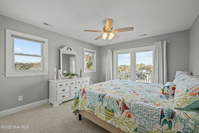 carpeted bedroom featuring ceiling fan and access to outside