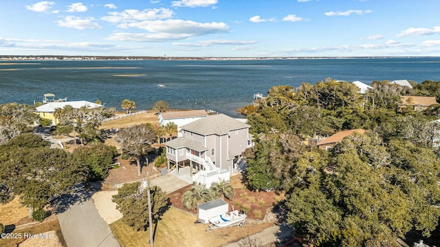 drone / aerial view featuring a water view