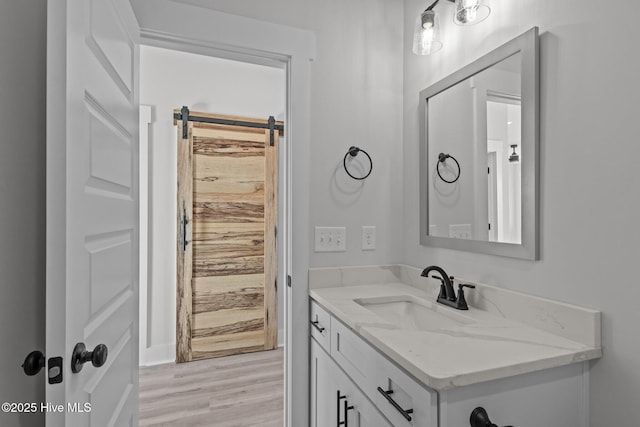 bathroom with hardwood / wood-style floors and vanity