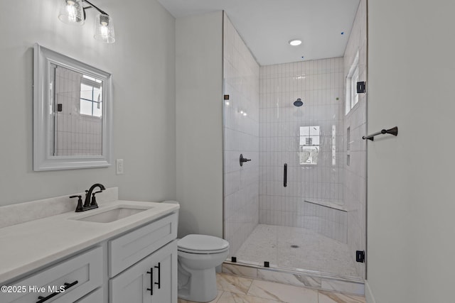 bathroom with vanity, toilet, and walk in shower