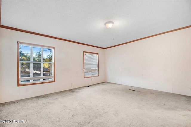 carpeted empty room featuring a textured ceiling and crown molding