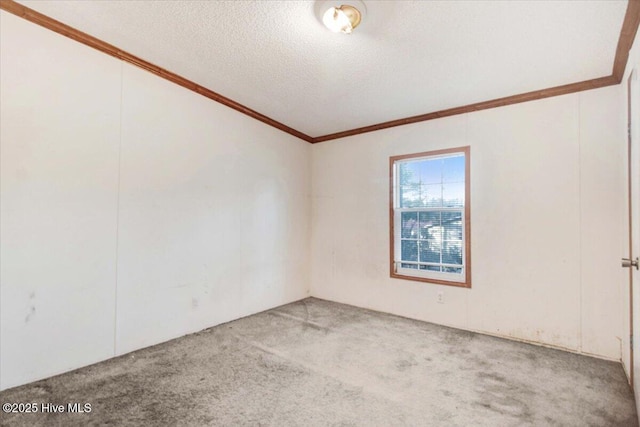 carpeted spare room with a textured ceiling and crown molding