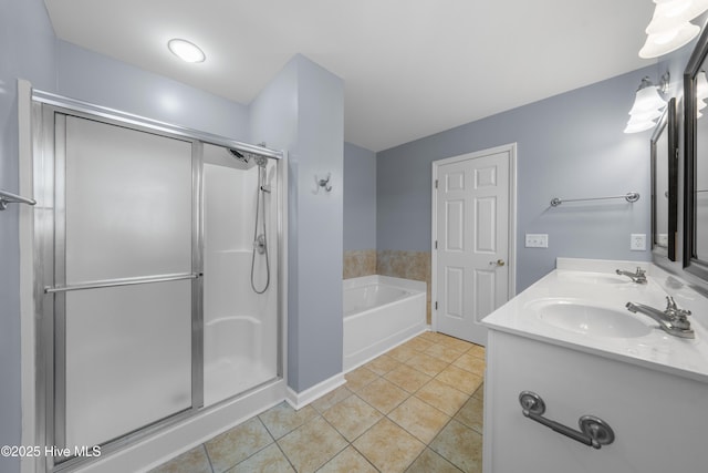 bathroom featuring tile patterned flooring, plus walk in shower, and vanity