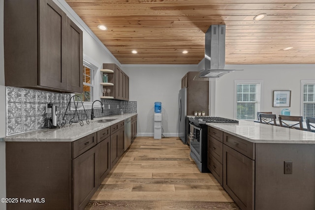 kitchen with sink, exhaust hood, wood ceiling, stainless steel appliances, and light stone countertops